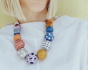 Chunky bead necklace/wood necklace/large bead necklace/geometric necklace/statement necklace/oversized/blue/terracotta/polka dot/stripes