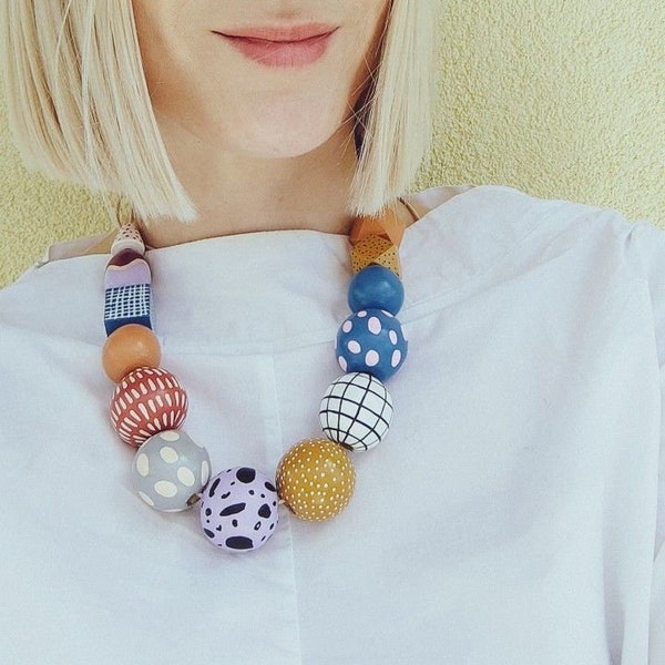 Chunky bead necklace/wood necklace/large bead necklace/geometric necklace/statement necklace/oversized/blue/terracotta/polka dot/stripes