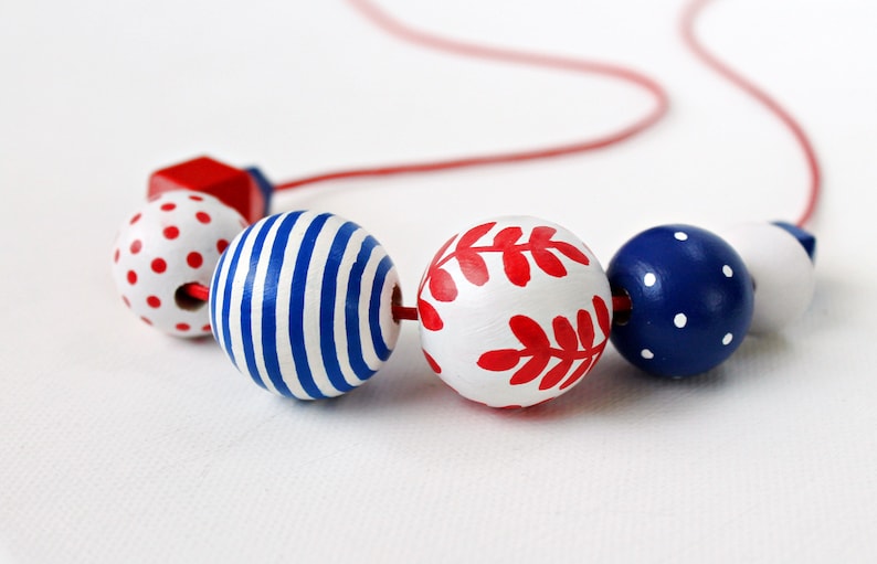 Chunky bead necklace/wooden necklace/modern necklace/colorful/statement necklace/ oversized/floral/stripes/red /blue/ white/polka dots image 4