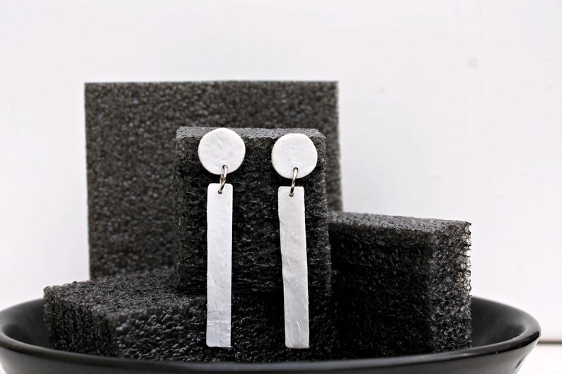 Recycled plastic bags dangle earrings / eco-friendly earrings / sustainable jewelry / minimalist white earrings / recycled material jewelry image 2