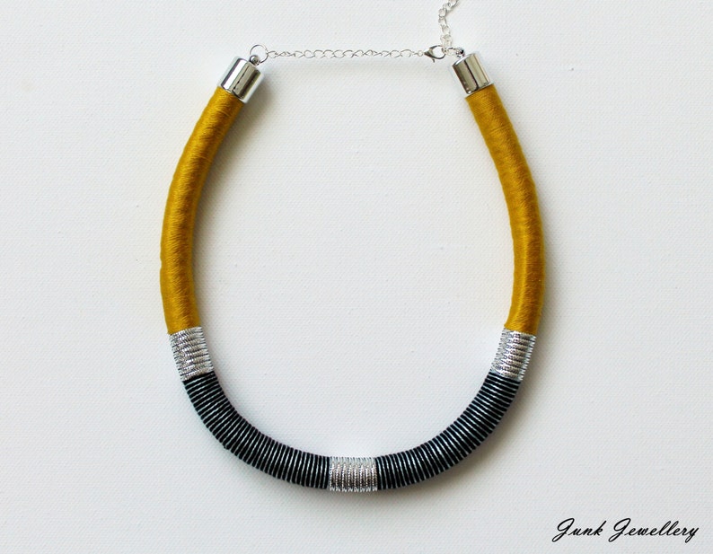 Statement rope necklace/bib necklace/handmade jewelry/rope jewellery/color block jewellery/mustard/yellow/silver/striped pattern/for her image 1