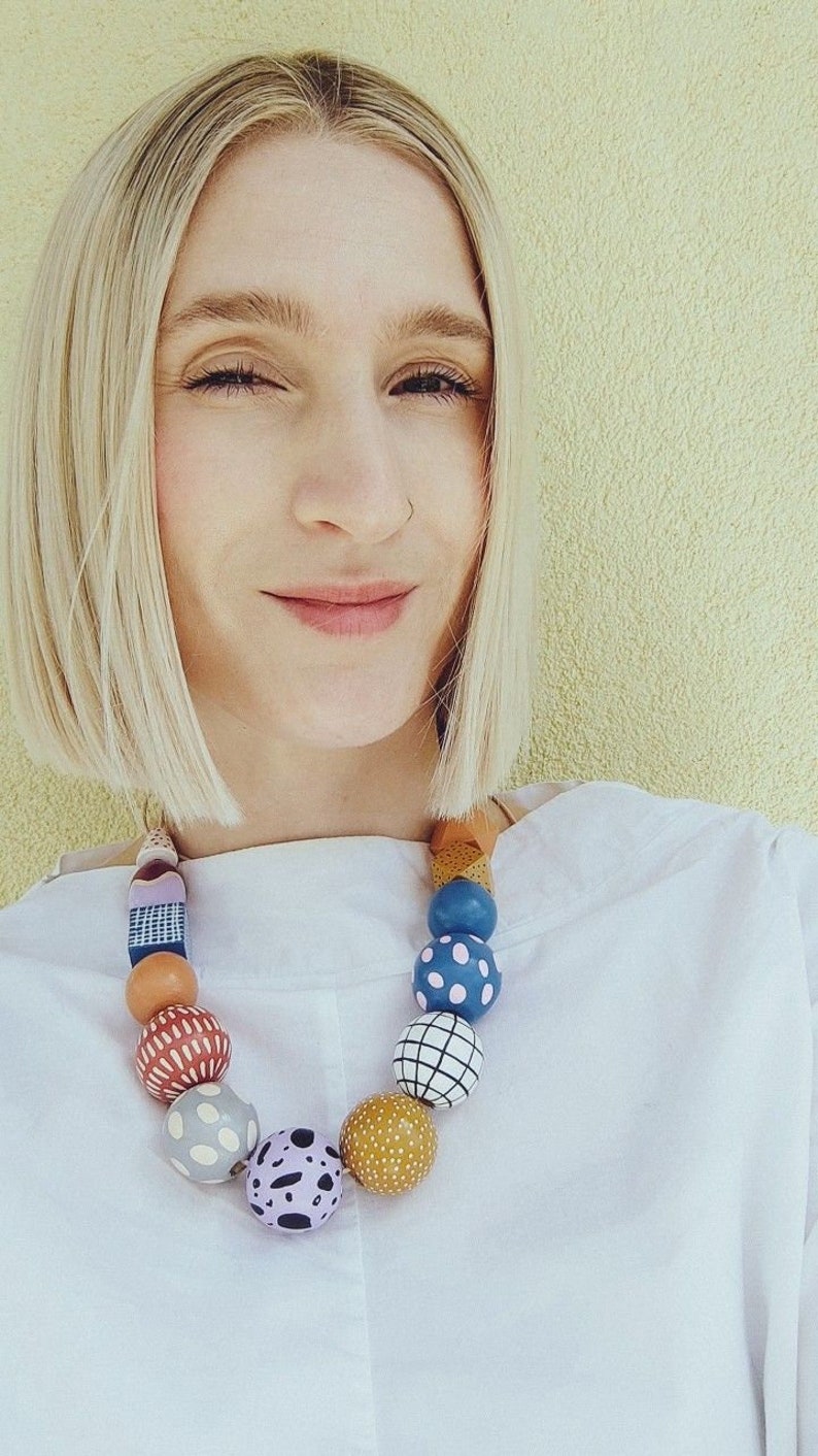 Chunky bead necklace/wood necklace/large bead necklace/geometric necklace/statement necklace/oversized/blue/terracotta/polka dot/stripes image 1