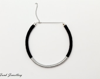 Handmade rope necklace/ modern necklace/ minimalist necklace/ contemporary / color block / rope necklace /black / silver