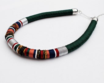 Statement rope necklace/bib necklace/handmade jewelry/rope jewellery/minimalist/color block/green/orange/colorful/silver/striped/for her