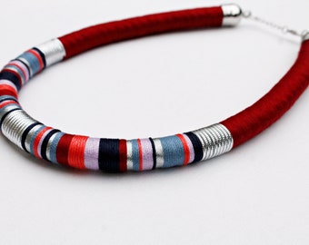 Statement rope necklace/bib necklace/handmade jewelry/rope jewellery/minimalist/color block/red/colorful/silver/striped/her/summer necklace