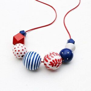 Chunky bead necklace/wooden necklace/modern necklace/colorful/statement necklace/ oversized/floral/stripes/red /blue/ white/polka dots image 3