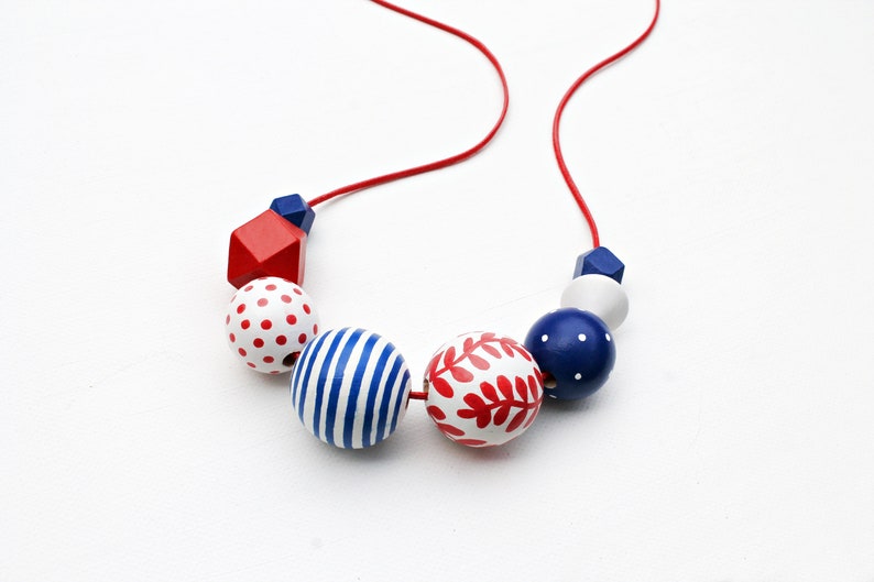 Chunky bead necklace/wooden necklace/modern necklace/colorful/statement necklace/ oversized/floral/stripes/red /blue/ white/polka dots image 3