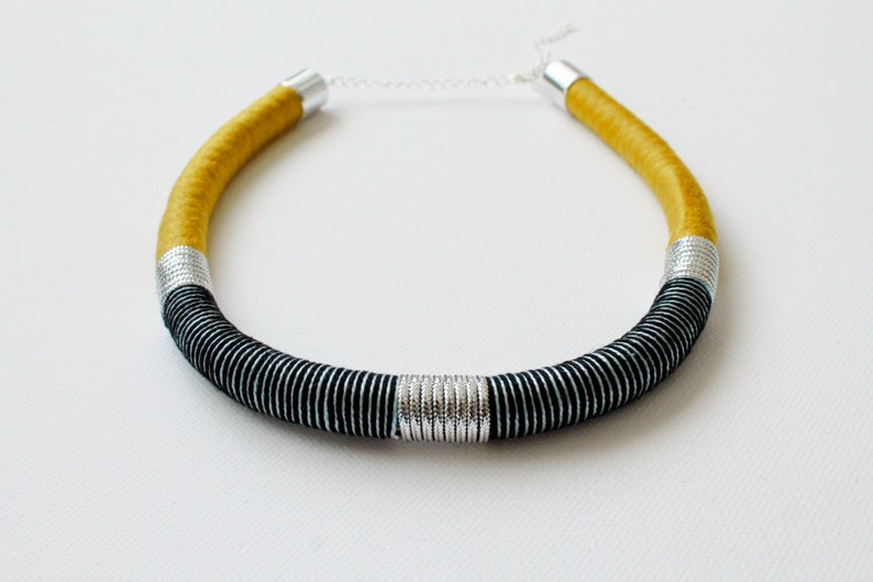 Statement rope necklace/bib necklace/handmade jewelry/rope jewellery/color block jewellery/mustard/yellow/silver/striped pattern/for her image 2