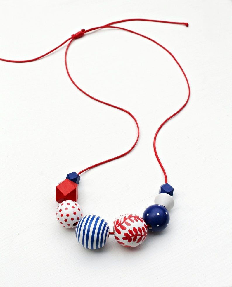 Chunky bead necklace/wooden necklace/modern necklace/colorful/statement necklace/ oversized/floral/stripes/red /blue/ white/polka dots image 2