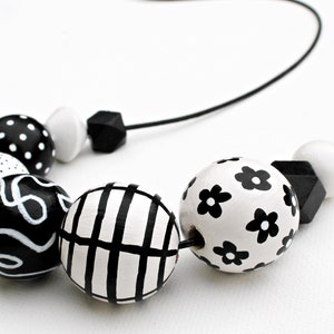 Chunky bead necklace/wooden necklace/modern necklace/black and white/abstract/statement necklace /black/ white/ polka dots/ floral/stripes image 3