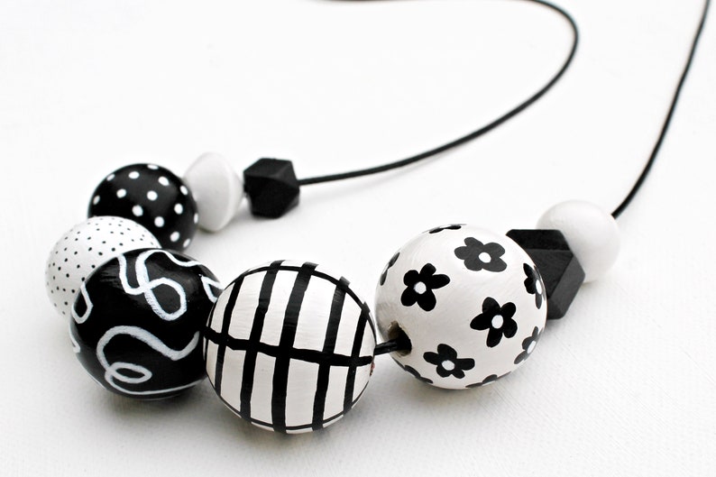 Chunky bead necklace/wooden necklace/modern necklace/black and white/abstract/statement necklace /black/ white/ polka dots/ floral/stripes image 3