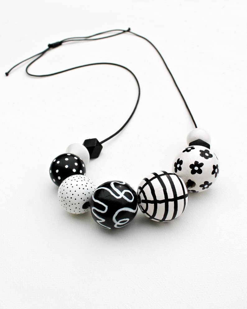 Chunky bead necklace/wooden necklace/modern necklace/black and white/abstract/statement necklace /black/ white/ polka dots/ floral/stripes image 2