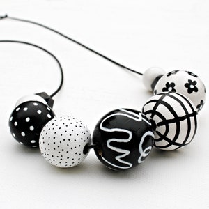 Chunky bead necklace/wooden necklace/modern necklace/black and white/abstract/statement necklace /black/ white/ polka dots/ floral/stripes image 4