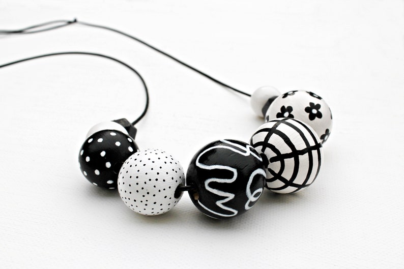 Chunky bead necklace/wooden necklace/modern necklace/black and white/abstract/statement necklace /black/ white/ polka dots/ floral/stripes image 4