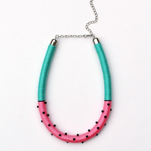 Handmade Rope Necklace, Turquoise Pink Polka Dot Jewelry