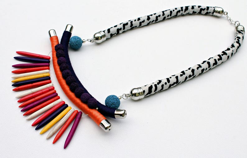Statement rope necklace crystal necklacesturquoise necklace lava stone necklaceblack and white colorfulgiftfor hersummer necklace