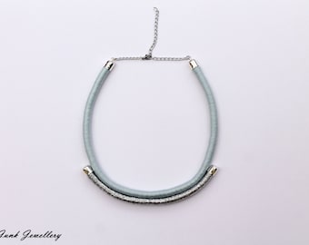 Handmade / statement / color block / rope necklace / light blue / silver