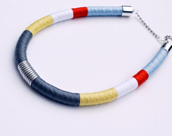 Statement rope necklace/summer necklace/bib necklace/handmade jewellery/rope jewelry/color block/blue/red/white/yellow/grey/silver/for her