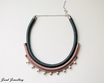 Statement rope necklace / bib necklace / color block / grey / pink / silver / beads / gift for her / handmade