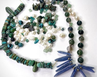 Assorted turquoise, kyanite, opal, aventurine, natural pearl and moss agate beads