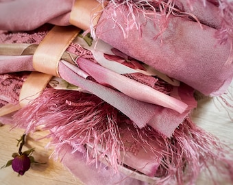 Lot de 20 tissus rose poudré : dentelle, soie, lin, perles de velours et boutons pour couture lente, journal indésirable, travaux manuels, courtepointe