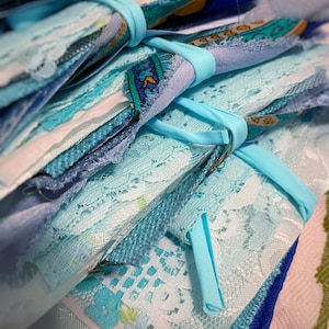 Vintage blue fabric and lace scrap mystery set for scrapbooking, junk journaling, crafts
