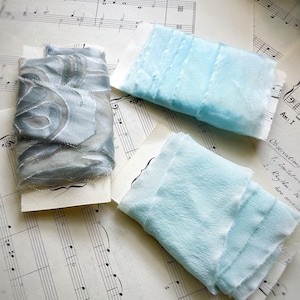 Hand torn, hand dyed silk ribbon in ocean mist, pale blue silk ribbon set of 3