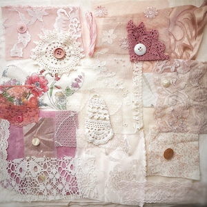 Slow Stitch Kit 25+ Stk mit vintage rosa Spitze, Seide, Leinen, Perlen und Knöpfe für langsamen Stich, Junk Journaling, Kunsthandwerk