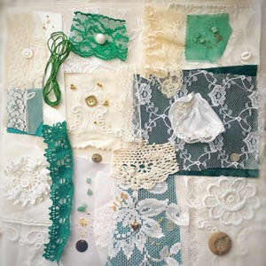 Kit de point lent, plus de 25 pièces avec tissu vintage vert et blanc, dentelle, soie, perles et boutons pour point lent, journal indésirable, travaux manuels