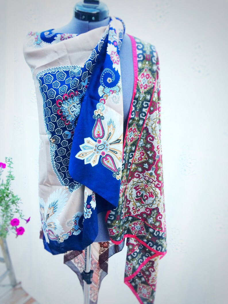 Boho poncho made from upcycled vintage scarves. | Etsy