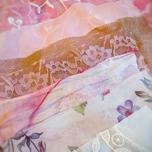 Vintage pink lace and fabric bundle for slow stitch, junk journaling, crafts