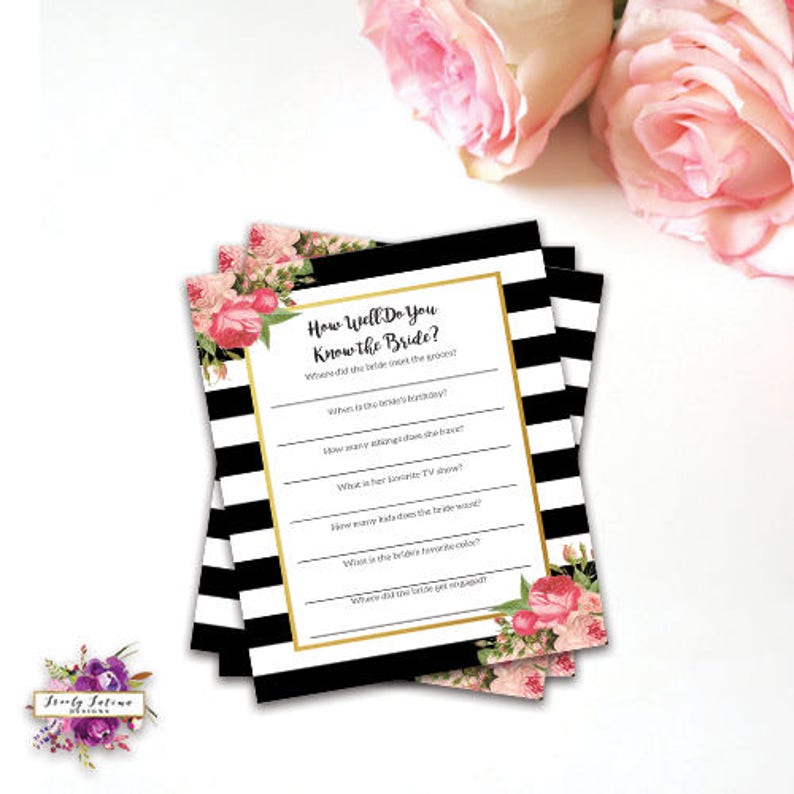 Printable Game INSTANT DOWNLOAD Black White and Pink Watercolor Flowers How Well Do You Know the Bride? Bridal Shower Game