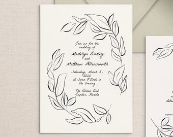 Paquete de invitación de boda dibujado a mano, invitación caprichosa y peculiar, paquete de invitación de boda imprimible, invitación editable, descarga digital