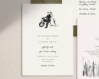ILUSTRACIÓN DE MOTOCICLETAS SOLAMENTE* Paquete de invitación de boda caprichosa, dibujado a mano, invitación peculiar, paquete de invitación de boda imprimible