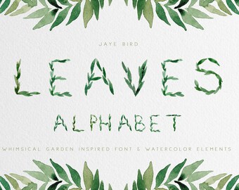 Watercolor Leaves Font & Clipart - Instant Download - Modern Font, Green Branch, Greenery Font, Garden Wedding Clipart, Greenery