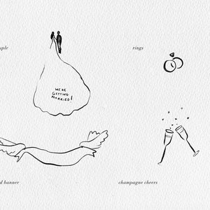 Éléments de mariage fantaisistes, illustrations d'invitation de mariage dessinées à la main