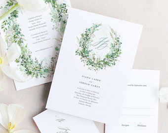 Greenery Wedding Invitation + Menu Program, Sign Bundle, Printable Wedding Invitation Bundle, Editable Invitation, Garden Wedding Invitation