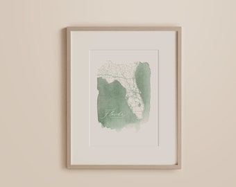Impression de carte de Floride, Carte à l’aquarelle, Illustration de floride, Carte de Floride, Cadeau de carte de Floride, Carte de ville personnalisée, Art cartographique, Aquarelle, Impression de carte