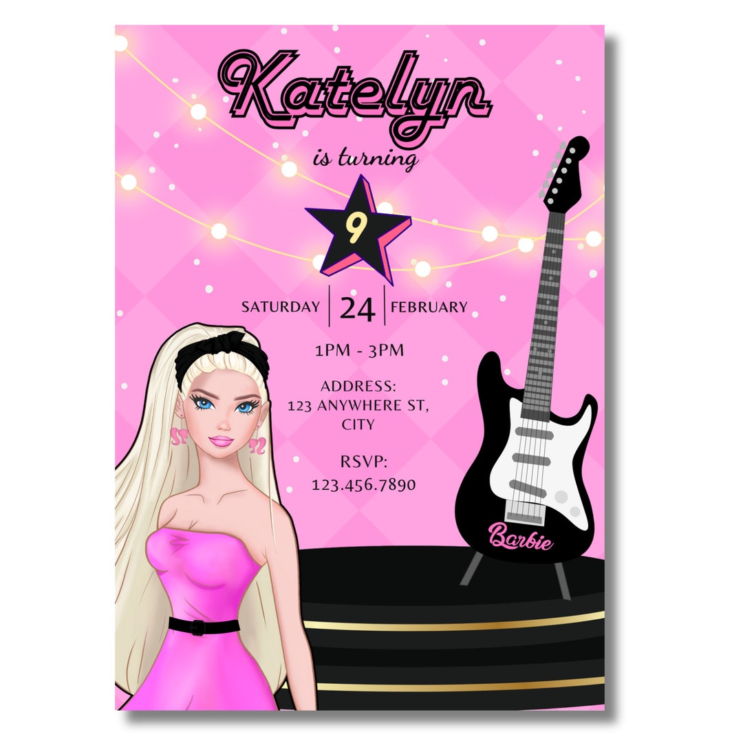 Barbie Invitation Barbie Rockstar Birthday Invitation Barbie Birthday Party Barbie Invite With
