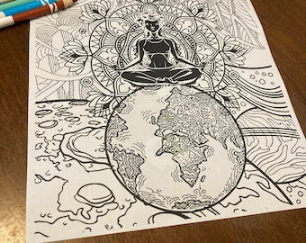 May include: A black and white coloring page featuring a person meditating on top of the Earth. The Earth is surrounded by intricate patterns and designs. The person is sitting in a lotus position with their eyes closed. The background is filled with swirling patterns and designs.