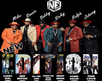 Puede incluir: Imagen del grupo musical New Edition, con seis hombres con abrigos y sombreros. Se muestran portadas de álbumes de 1983 a 2004 debajo del grupo. La palabra "NEW" se muestra de forma destacada.