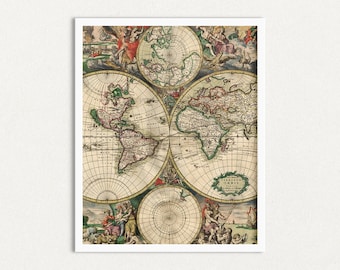 Mapa del Atlas Mundial Vintage, Arte Mural Imprimible de Estilo Antiguo (Descarga Digital)