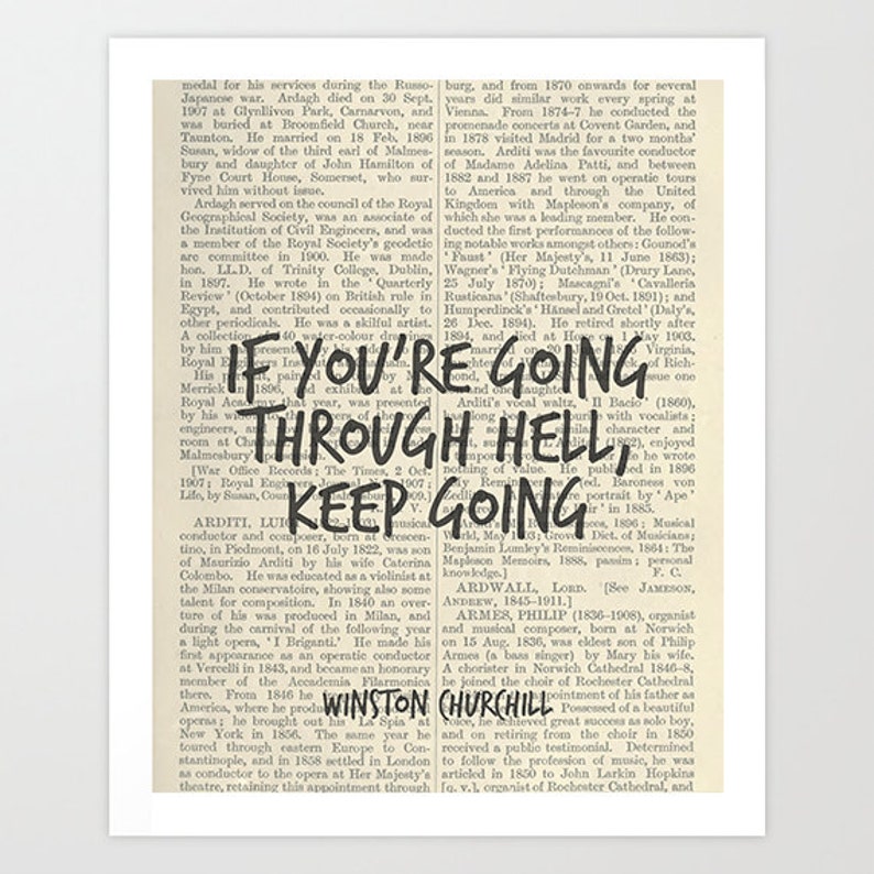 May include: A vintage, black and white image of a page from a book about music. The text on the page is about the life and career of a musician. The text includes the phrase "If you're going through hell, keep going".