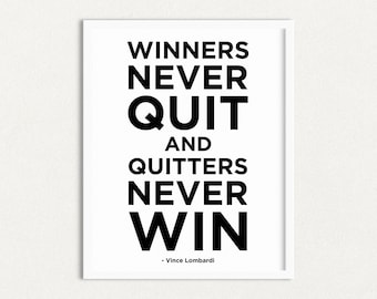 Impresión artística con cita de Vince Lombardi: "Los ganadores nunca se rinden" (Descarga digital)
