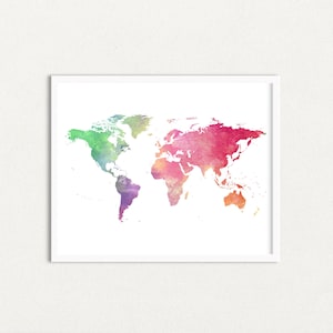 Watercolor World Map Art Print, Colorful Travel Poster (Digital Download)