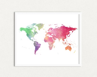 World Map Print, Printable World Map in Watercolor, Home Decor, Travel Artwork, Travel Print, Map of the World Art, Travel Poster, Digital