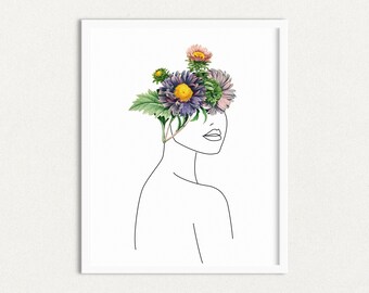 Line Art Poster, Printable Wall Art, Line Art Woman Print, Printable Decor, Blossoming Girl no.03, Feminine Wall Art, Feminine Artwork