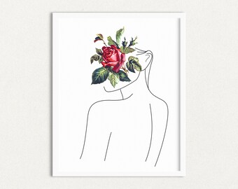 Line Art Printable, Woman Line Art, Flowers on Head Art, Wall Art Printable, Blossoming Girl no.01, Digital Art, Instant Artwork, Line Print