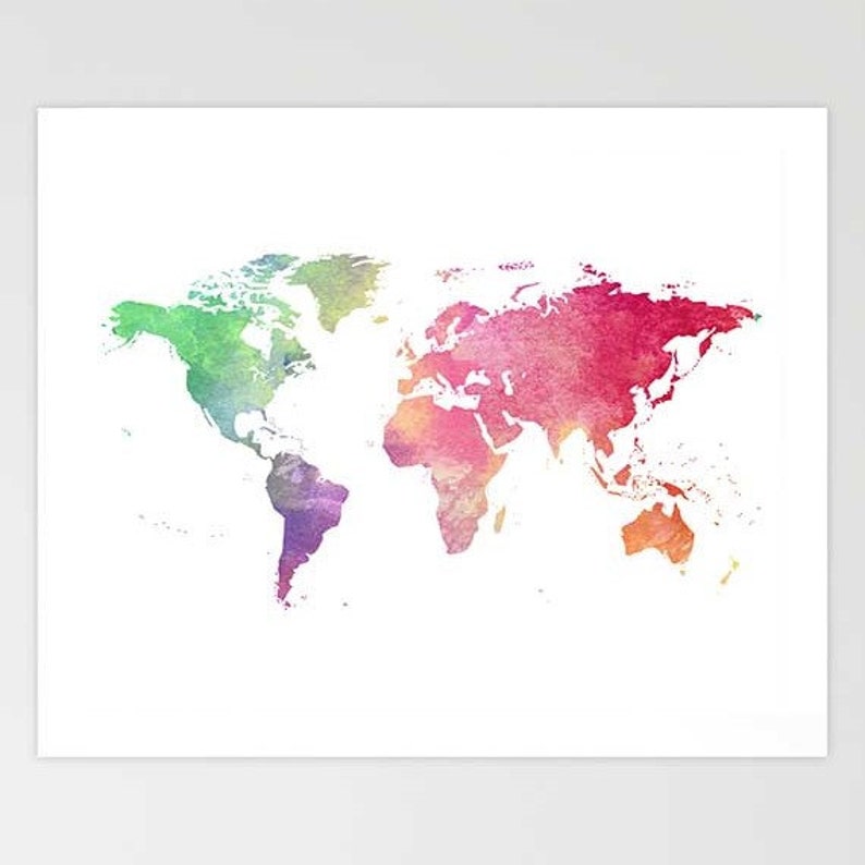 World Map Print, Printable World Map in Watercolor, Home Decor, Travel ...