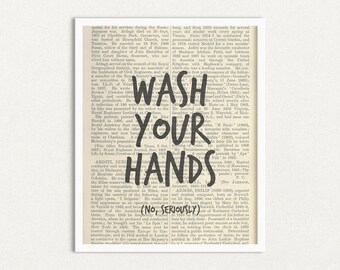 Lámina artística "Lávate las manos", divertida decoración para el baño (descarga digital)